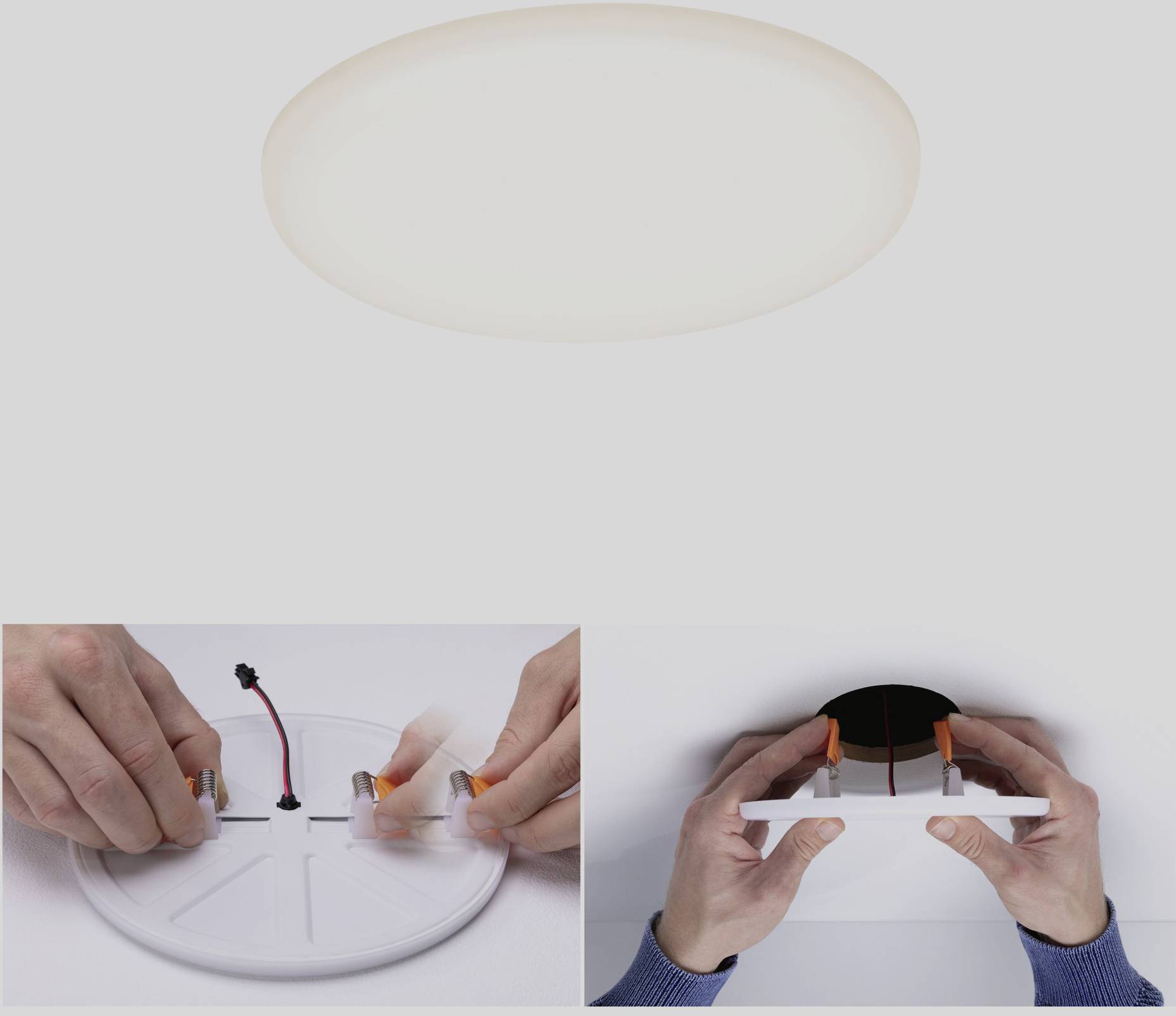 Installation of a LED ceiling light: Hands securing cable clips and mounting the light on the ceiling. Light switched on.