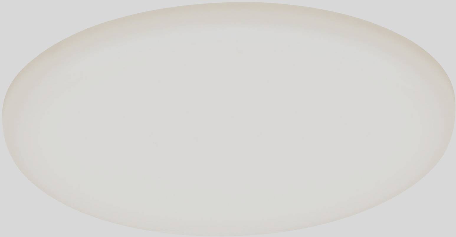 An oval, white ceiling light with a soft, even illumination on a grey background.