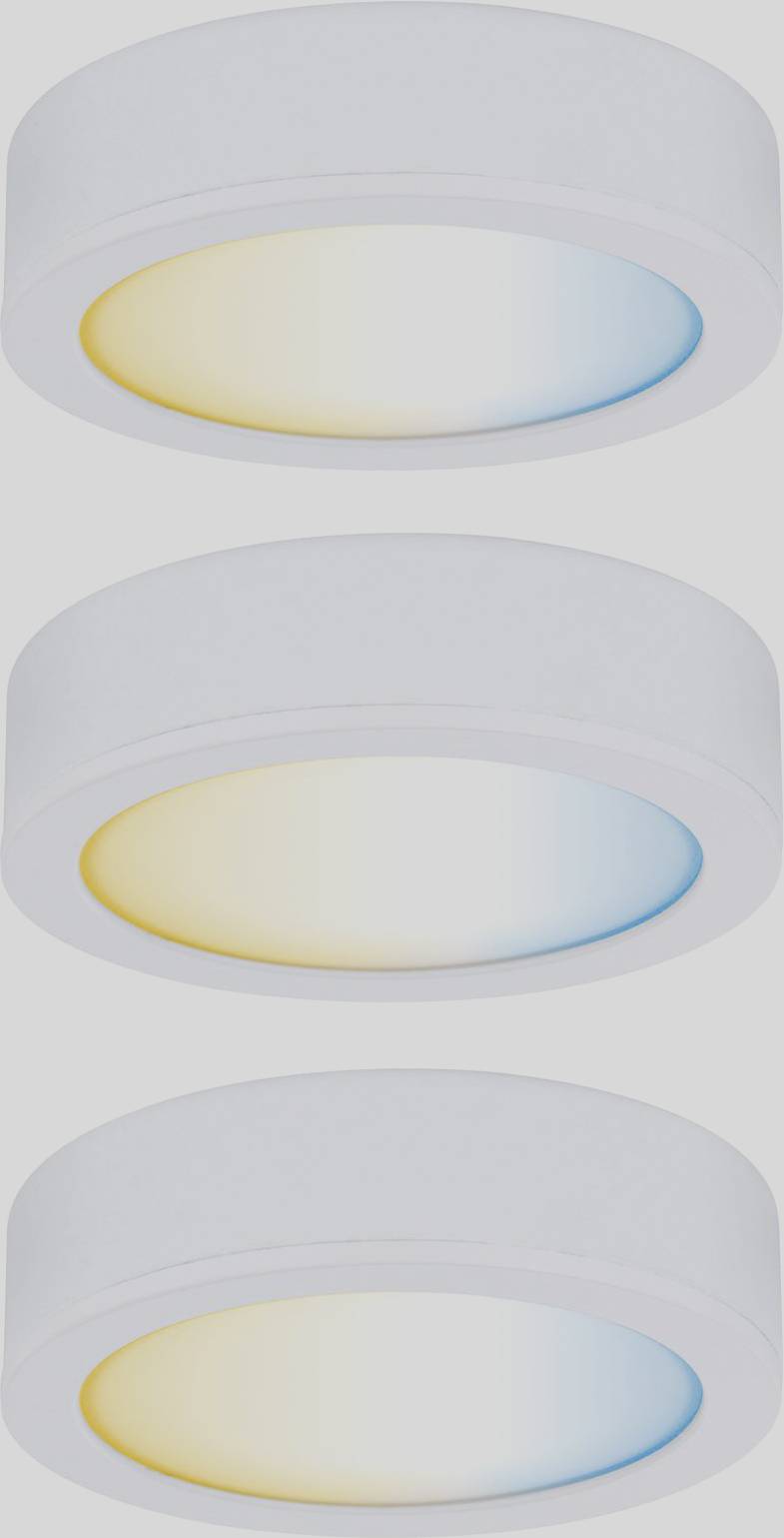 Three round, white LED ceiling lights with different light colours: top warm white, middle neutral white, bottom cool white.