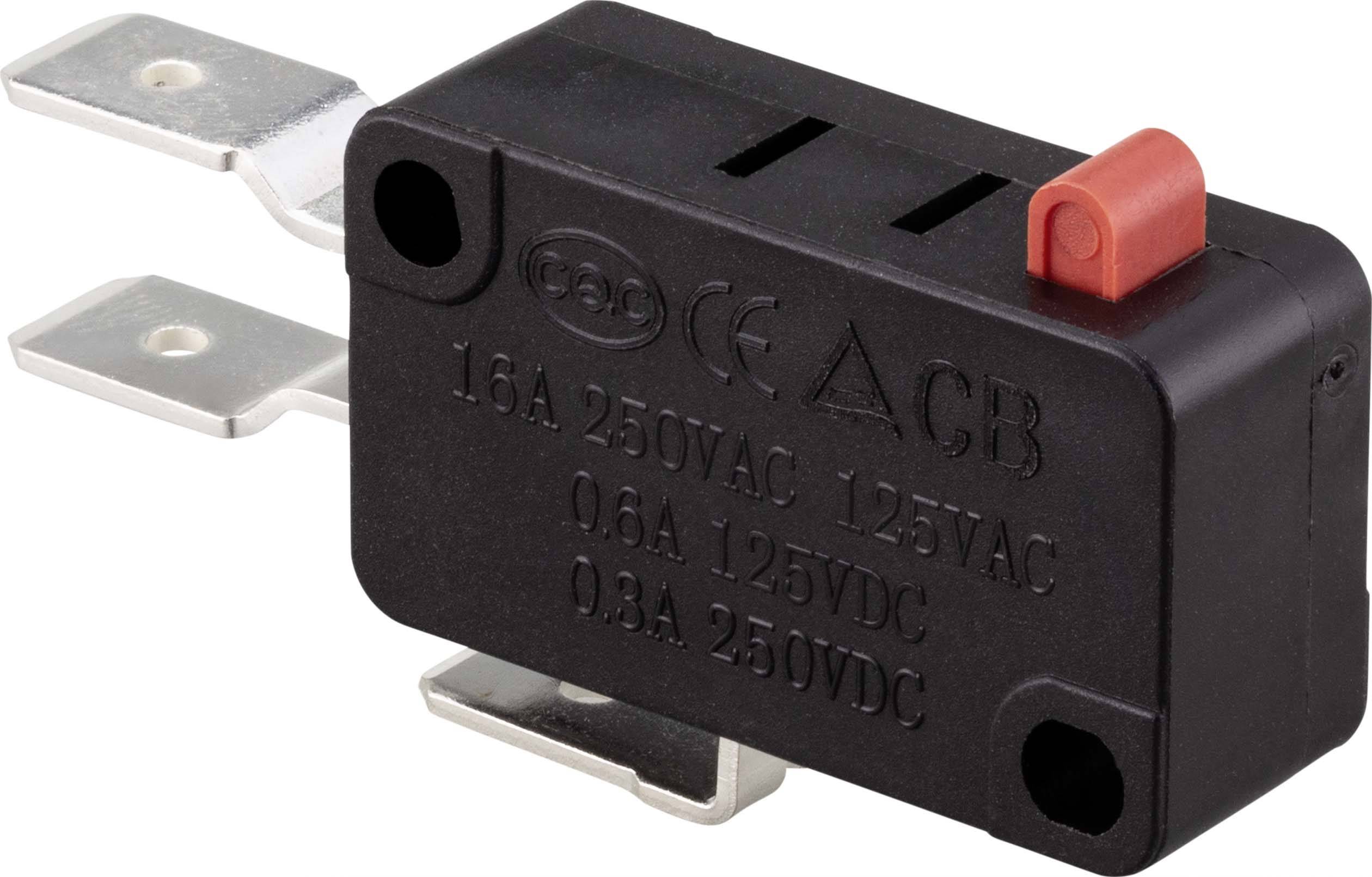 Black microswitch with two terminal connectors and red sliding switch, marked with '16A 250VAC 125VAC'.