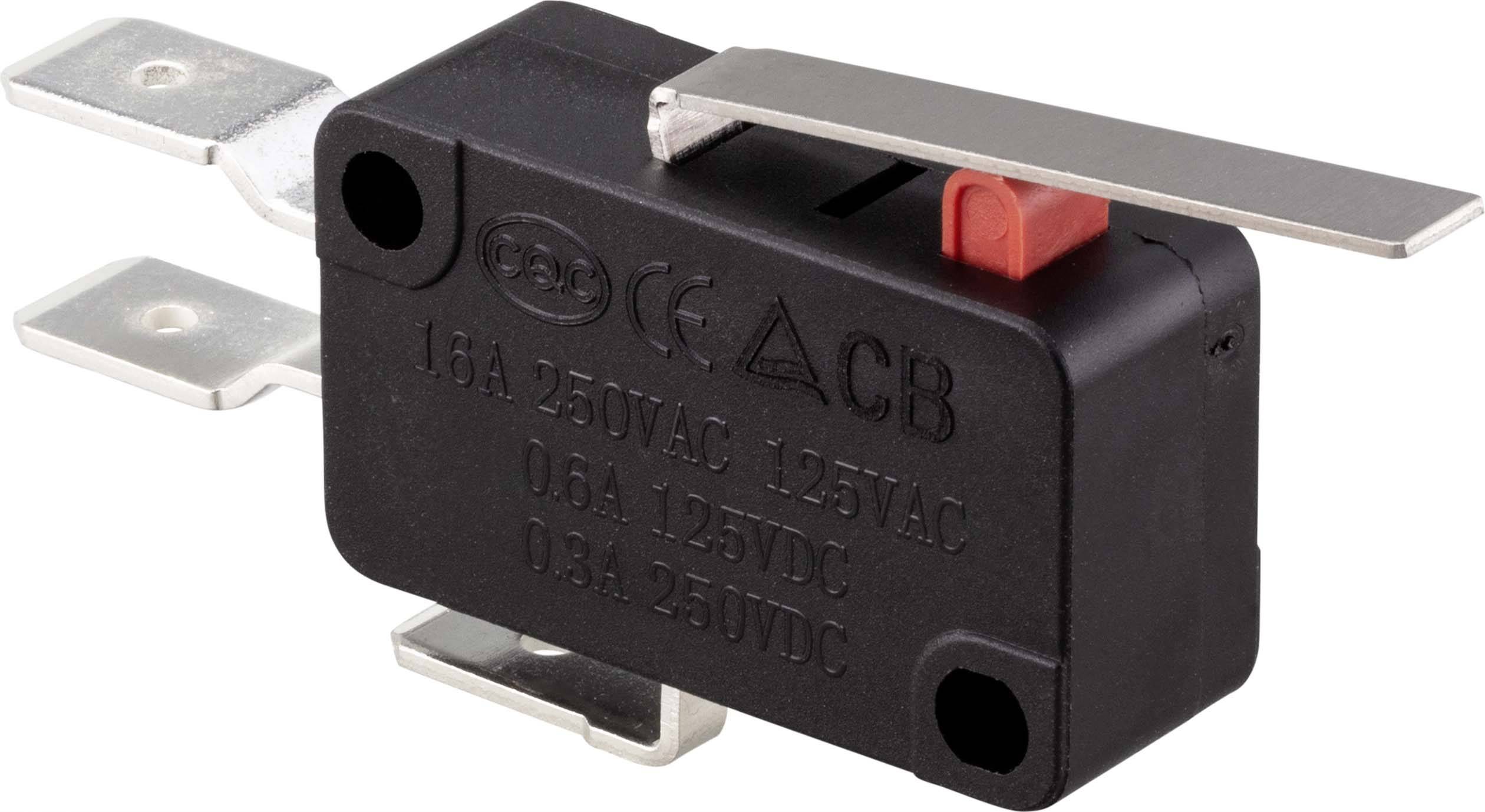 A black microswitched with a metal lever and red button, suitable for 15A 250VAC, 0.6A 125VDC and 0.3A 250VDC applications.