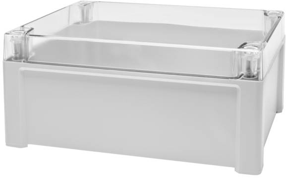 Clear plastic storage box with transparent lid, square in shape; suitable for storing small items or tools.