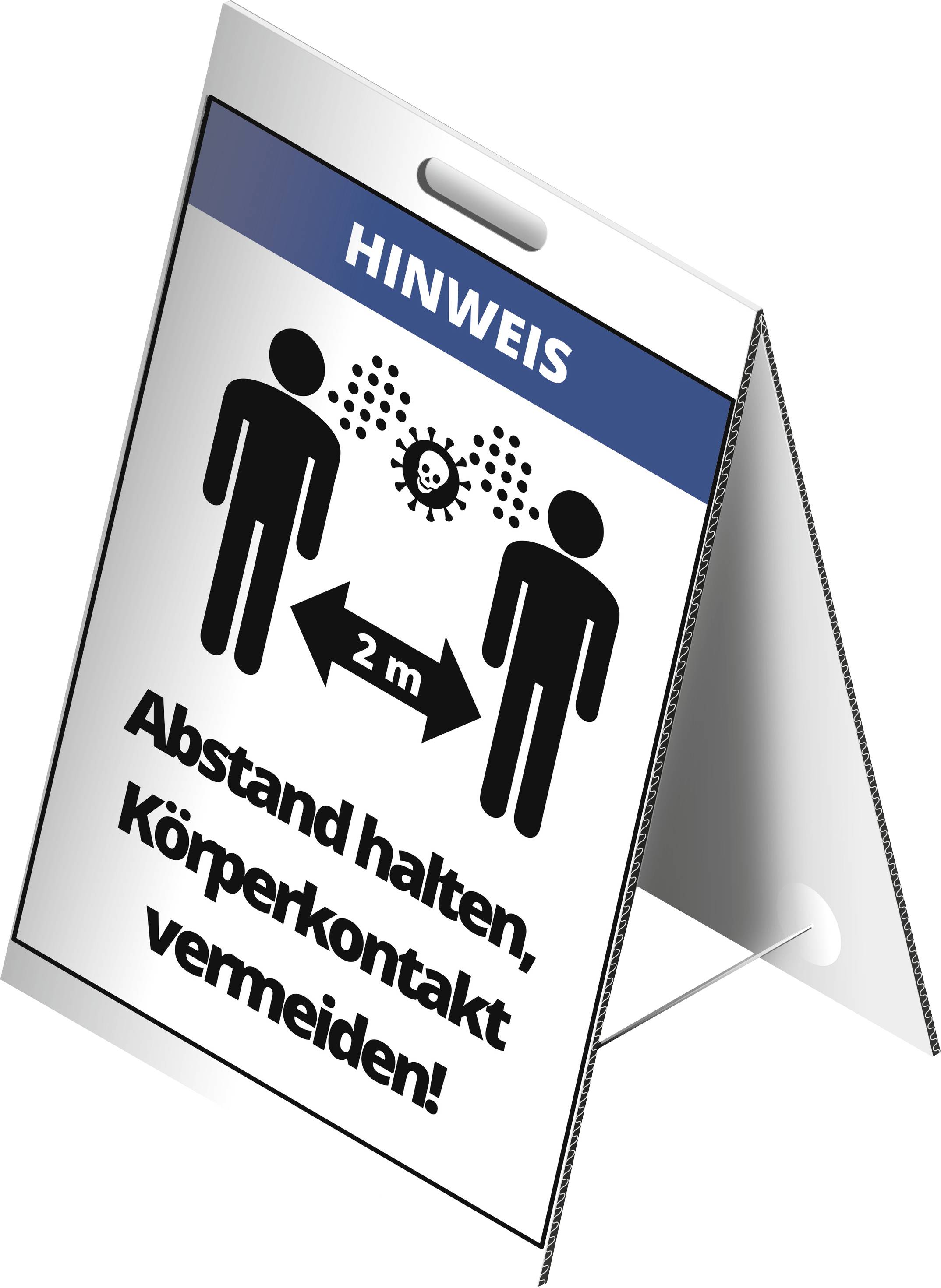 Sign with notice: Keep your distance, avoid physical contact! Illustration of two people standing 2 metres apart.