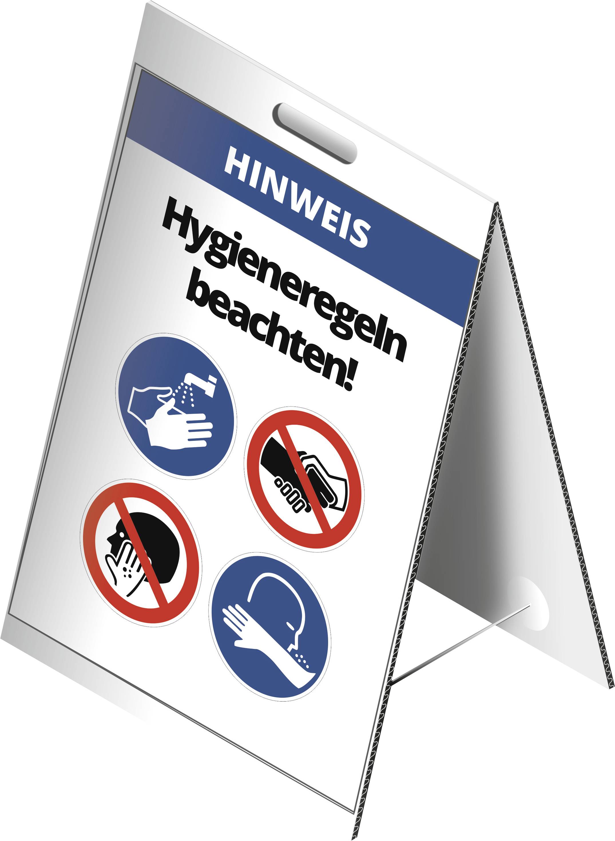 Notice sign with symbols for hygiene rules: Wash hands and no handshaking.