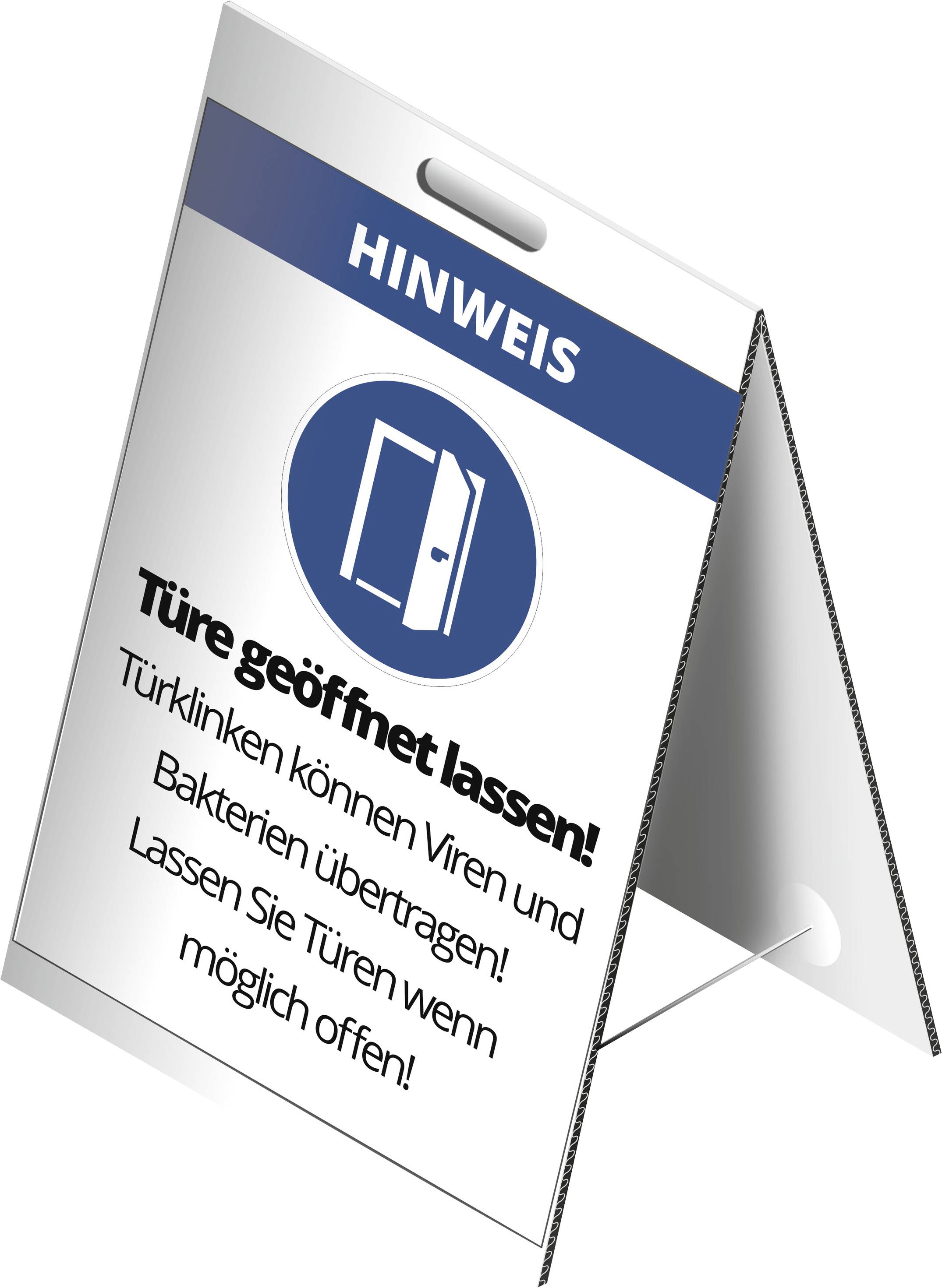 Notice sign reading: 'Keep Door Open! Door handles can transmit viruses and bacteria!'