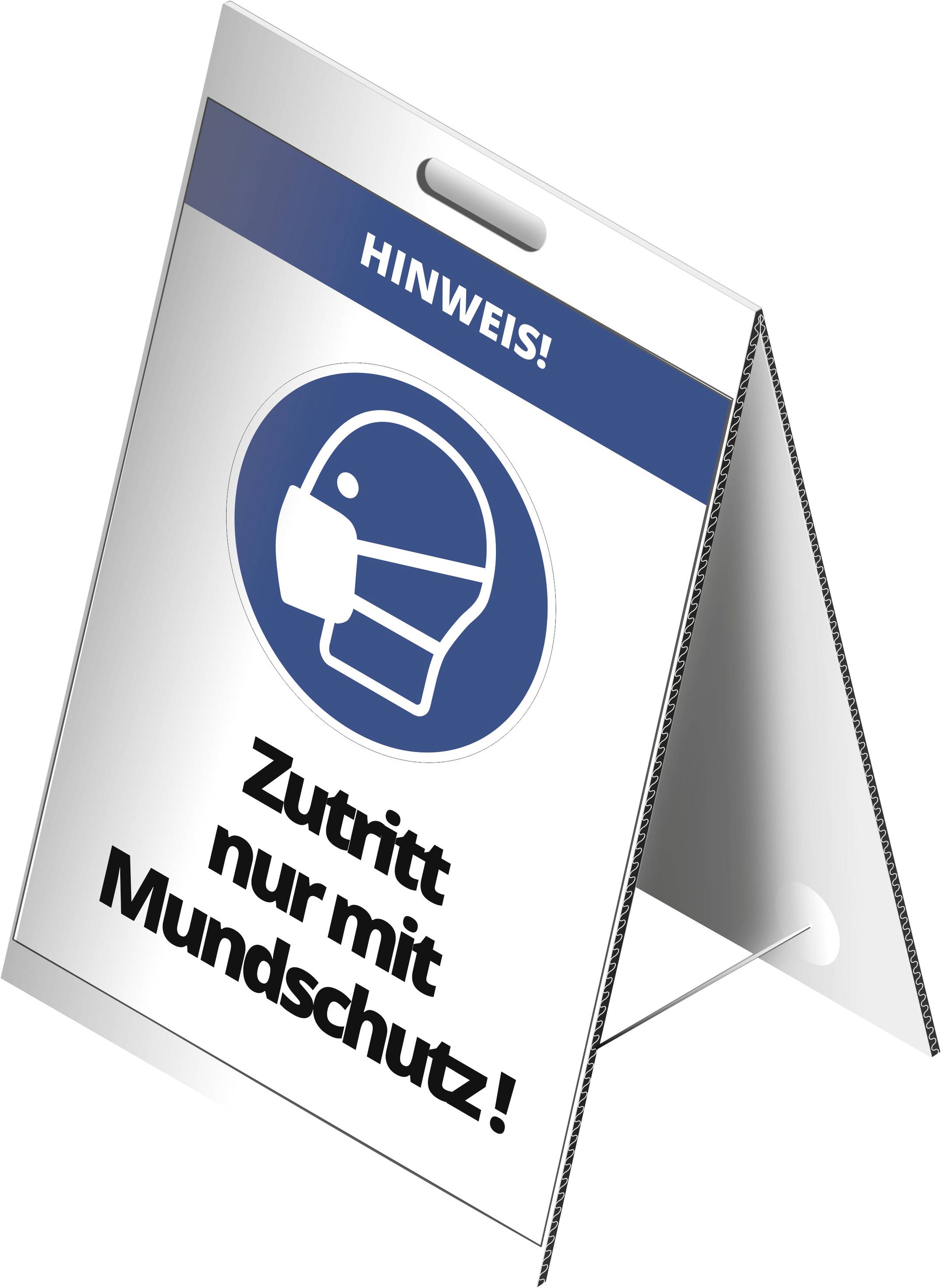 Triangular information sign with a pictogram of a masked face. Text: 'Entry permitted only with face covering!' on a white background.