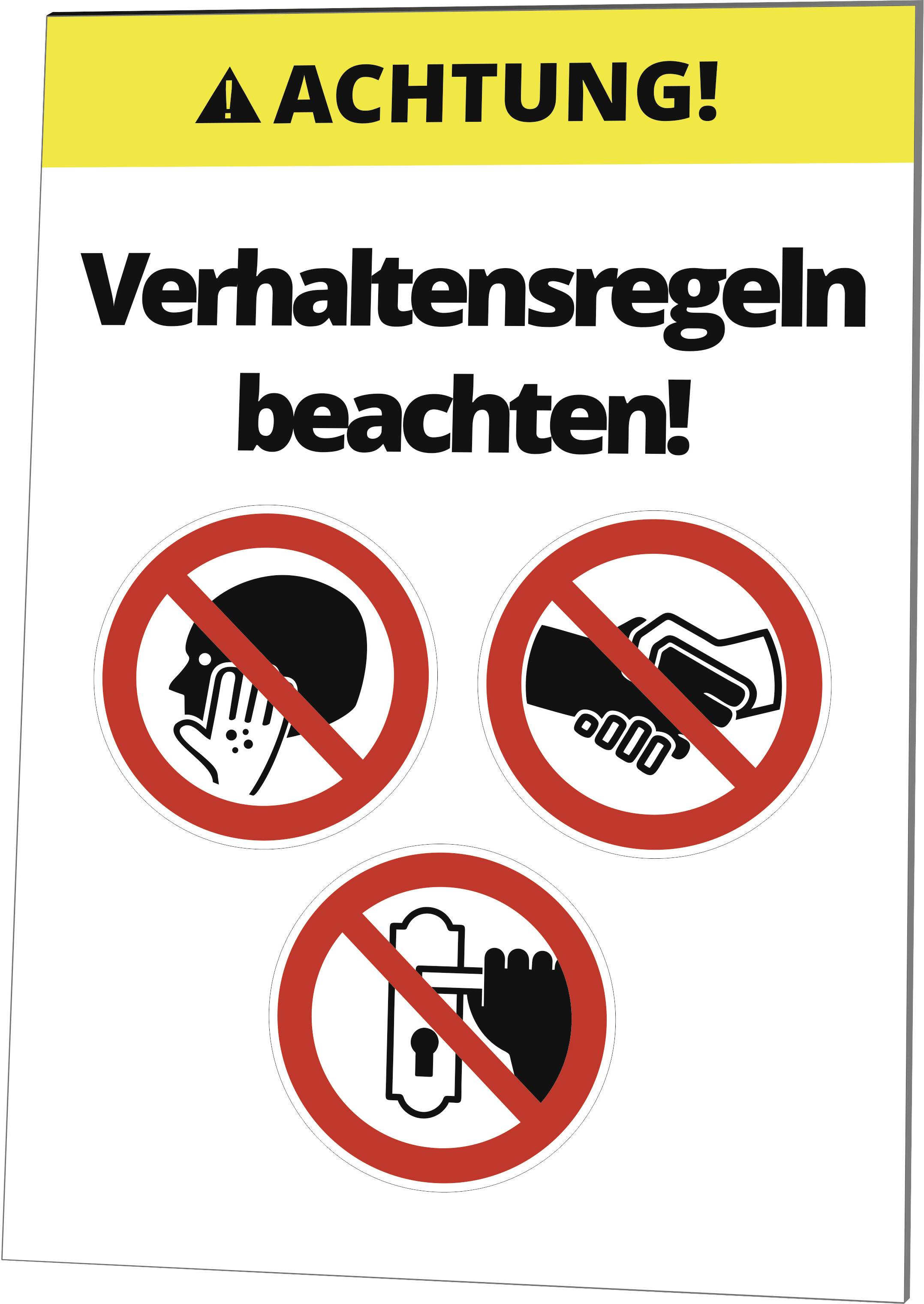 Sign with the inscription 'Please observe behavioural guidelines!' and three symbols: do not touch face, no handshaking, no contact.
