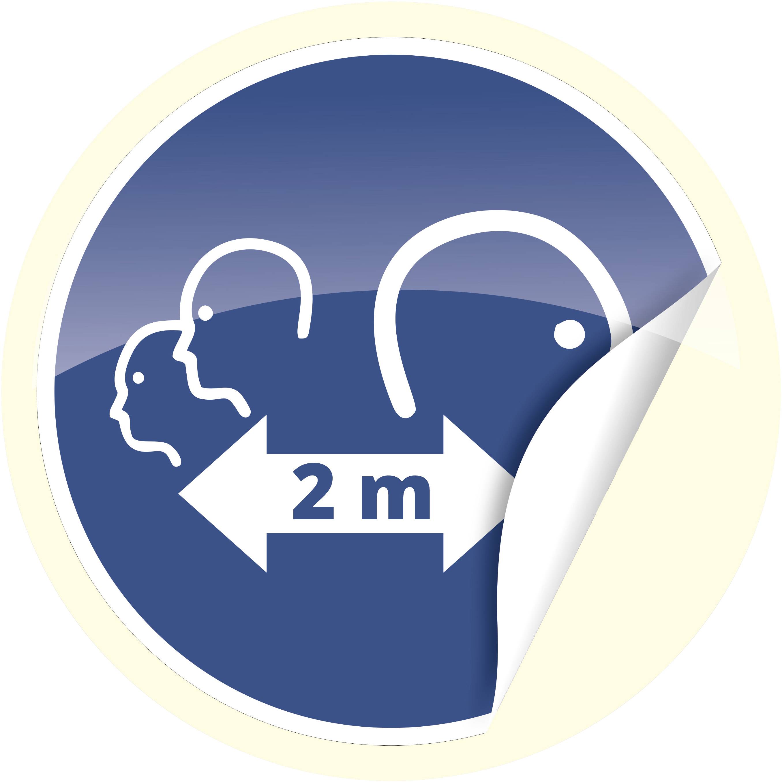 Blue sign with stylised heads and a double arrow indicating a distance of '2 m'. Symbol for maintaining social distancing.