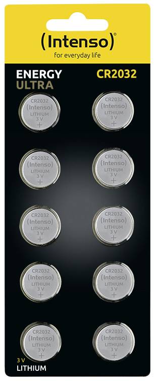 'Intenso CR2032 Energy Ultra' Lithium Button Cell Batteries on black packaging, 10 pieces, 3V, for everyday use.