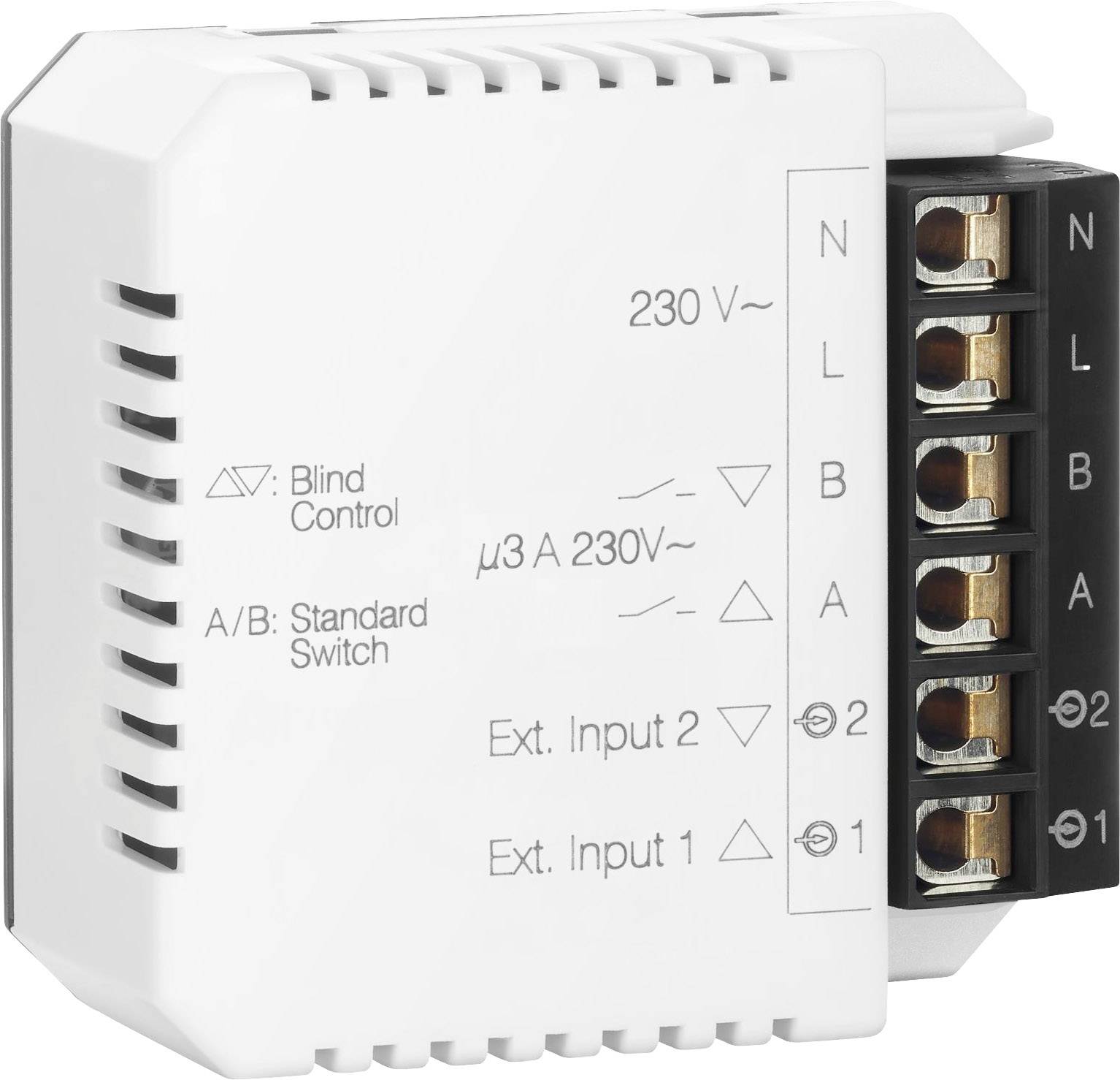 A rectangular electrical module with connections on the right side, labelled 'Blind Control', 'Standard Switch', '230 V', 'Ext. Input 1/2'.