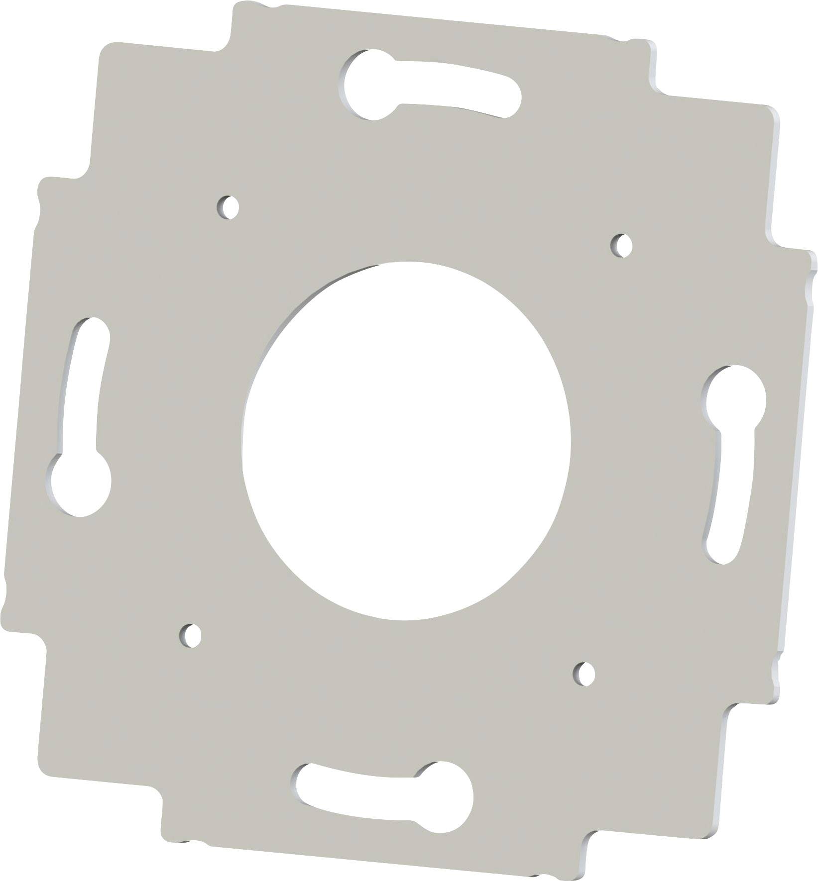 Metal mounting plate with a circular opening in the centre and several fixing holes around the edges.