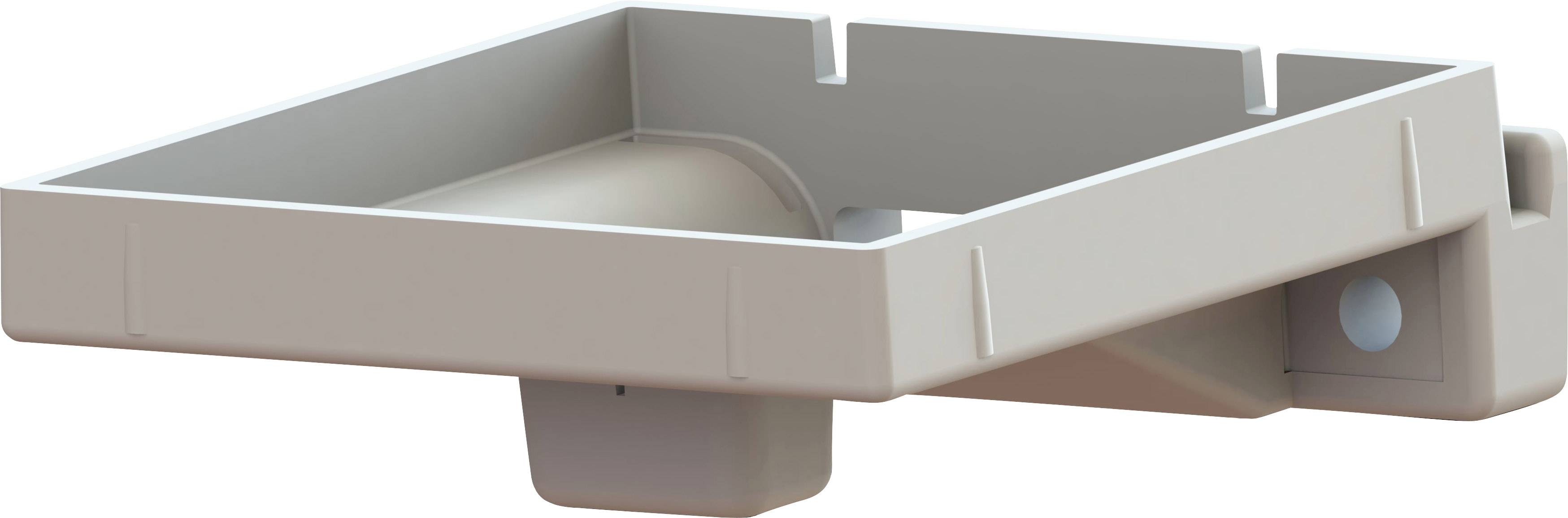 Beige plastic mounting bracket with a rectangular shape and side slots, suitable for securing or supporting an object.