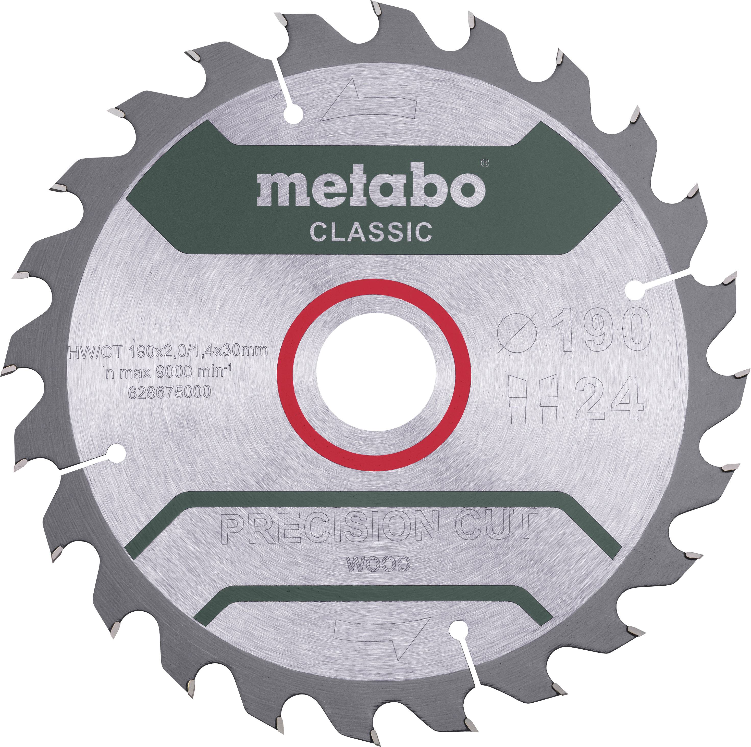 A silver circular saw blade by Metabo, branded with 'CLASSIC' and 'PRECISION CUT' for precise woodcutting.
