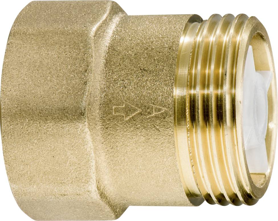 Brass threaded pipe fitting with a hexagonal body, shown in close-up on a white background.