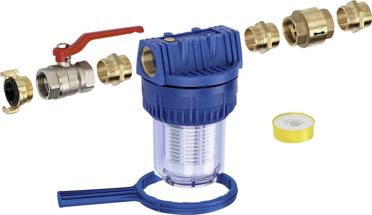 Exploded view of a blue inline water filter with brass pipe fittings, red shutoff valve, and replacement sealing ring.