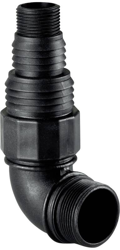 A black pipe connector with a 90-degree angle and ribbed sections, suitable for garden hose or irrigation systems.