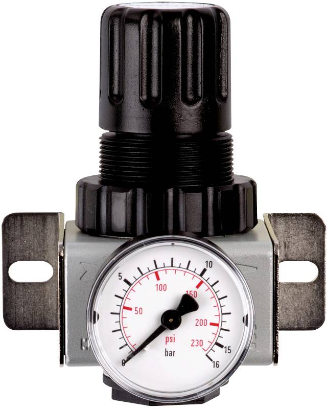 A pressure gauge with a black controller displays 0 to 230 psi and 0 to 16 bar. It features a visible scale and two mounting brackets.