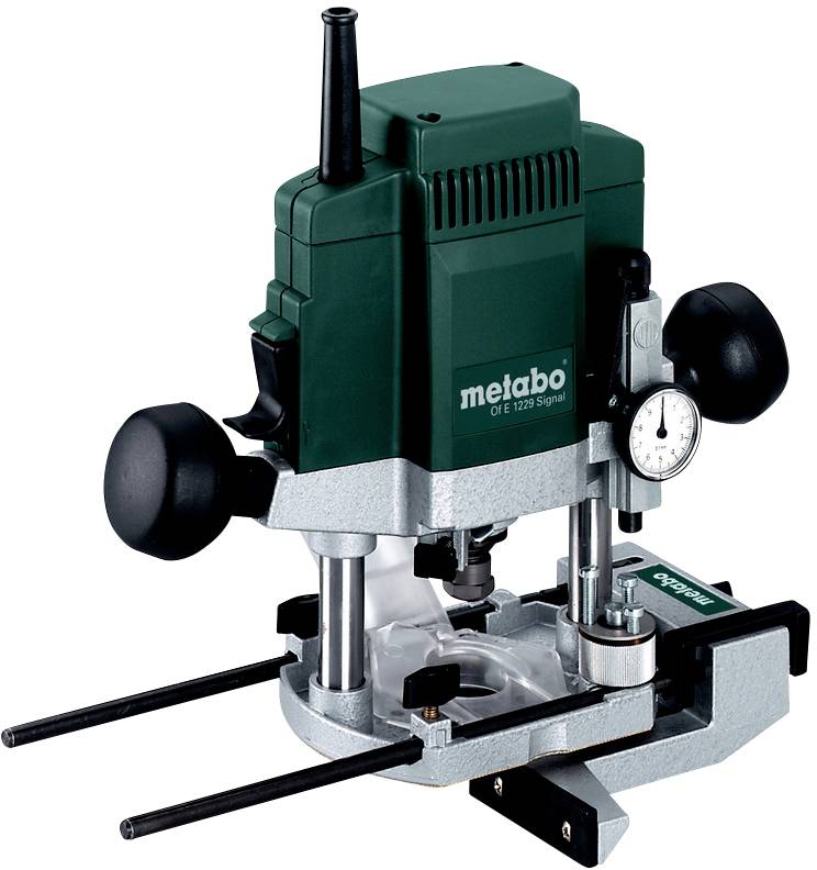 'Metabo 1229 Signal Router', green machine with two black handles, metric scale and depth gauge, on metal frame.