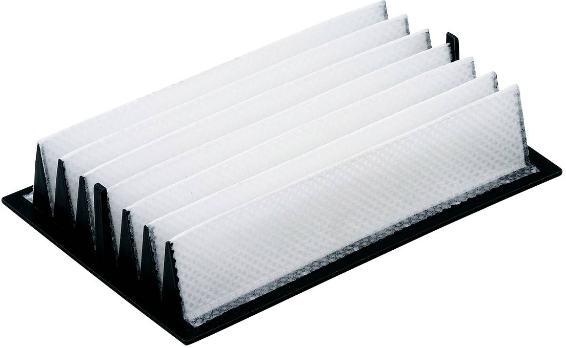 Air filter in accordion style, black and white, on a black base. Used for cleaning or improving air quality.