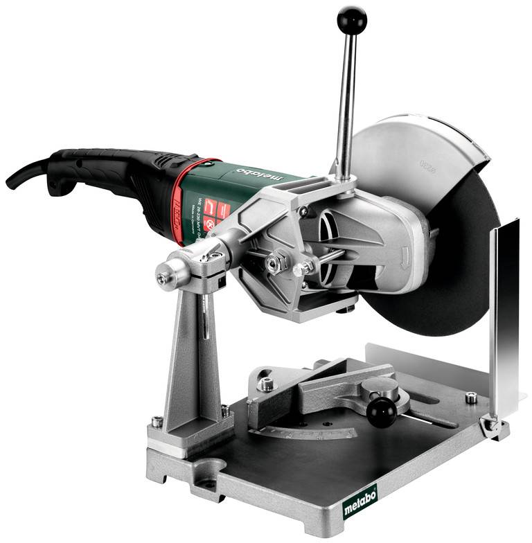 Electric cut-off saw mounted on a metal base, with a black handle and safety guard, used for cutting metal or other materials.