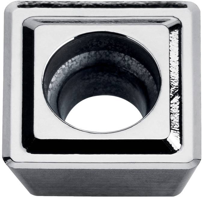 Close-up of a square metal machined part with a central circular hole, shown against a white background.