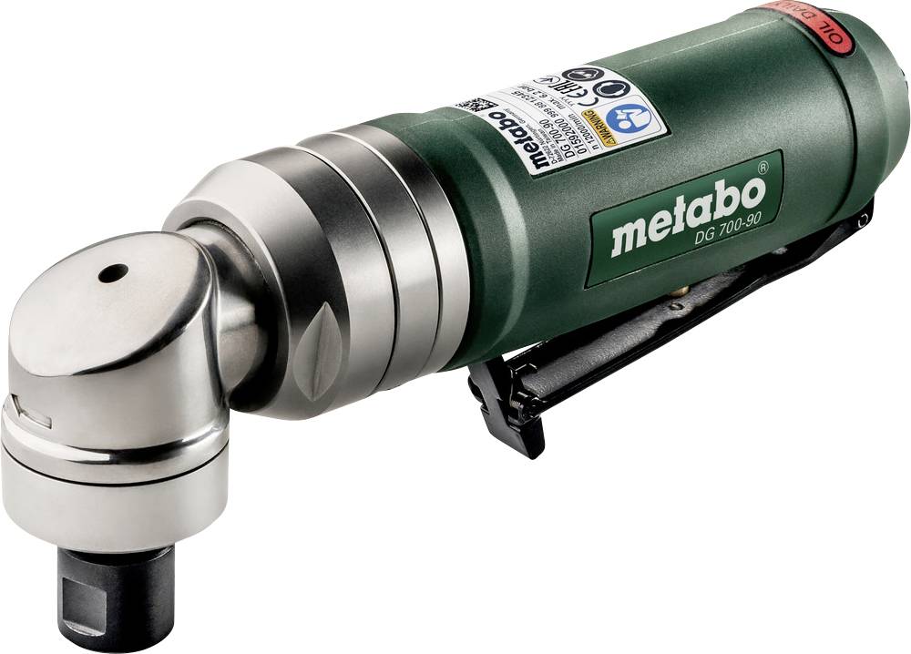 Green Metabo DG 700 air die grinder with angled head and side exhaust, shown on a white background.
