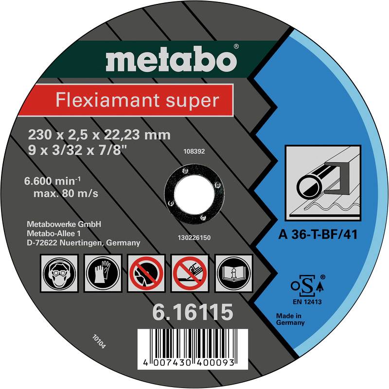 Metabo grinding disc with 'Flexiamant super' inscription. Diameter: 230 mm, Thickness: 2.5 mm. Maximum rotational speed: 6,600 rpm.