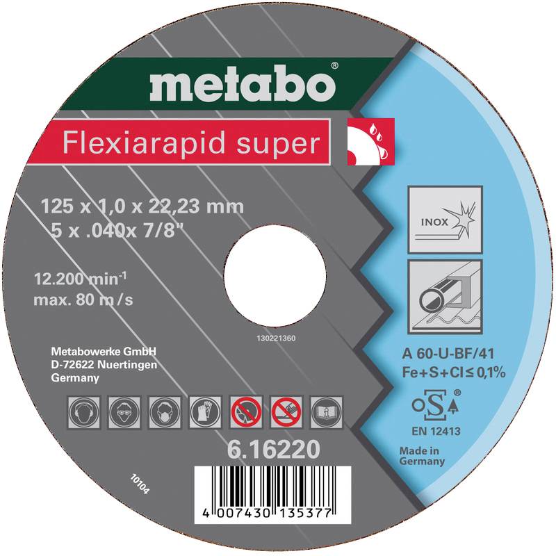 Grinding disc with the inscription 'Flexiarapid super', diameter 125 mm, thickness 1 mm, speed 12,200 rpm, maximum speed 80 m/s.