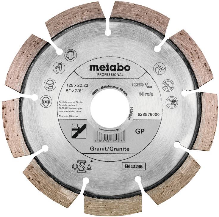 Metabo Professional segmented diamond blade for cutting granite, labeled 125 x 22.23 mm with EN 13236 certification.