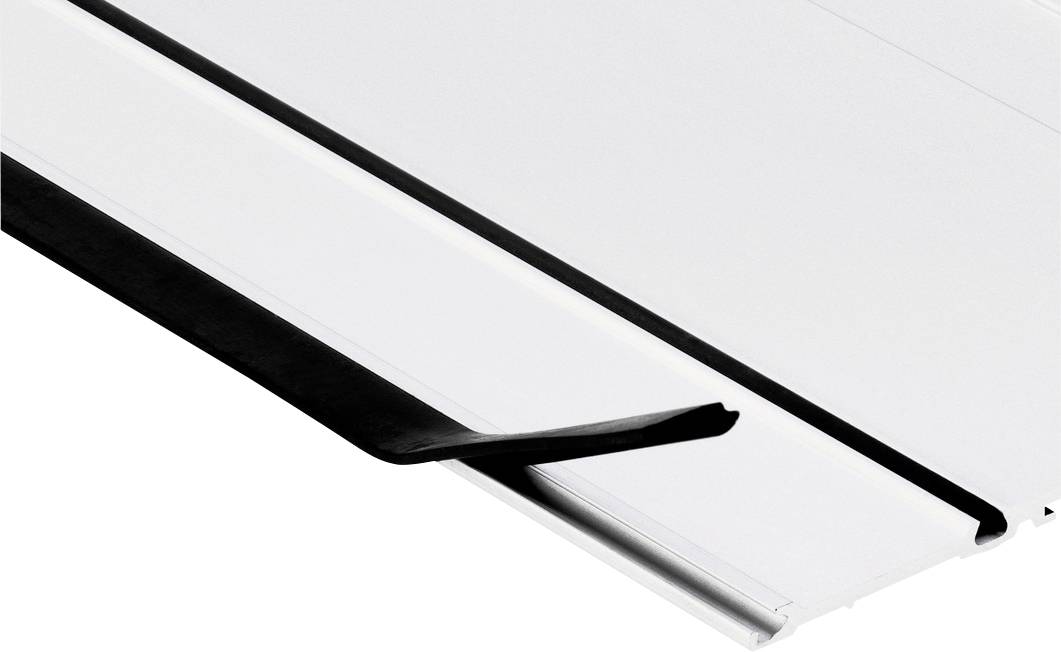 Close-up of a white metal roof or panel seam with a black trim strip and a silver edge detail.
