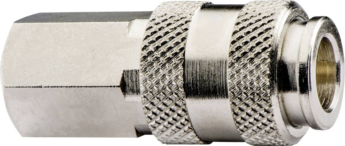 Metal quick-connect hose fitting with knurled grip and threaded end, shown on a white background.