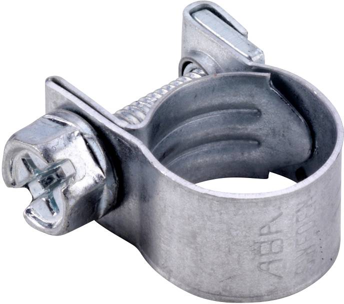 A silver metal hose clip with a screw mechanism for securing hoses to pipes or connections.