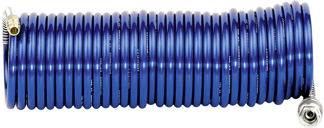 Blue metal spiral hose, tightly coiled, with silver connections at both ends.
