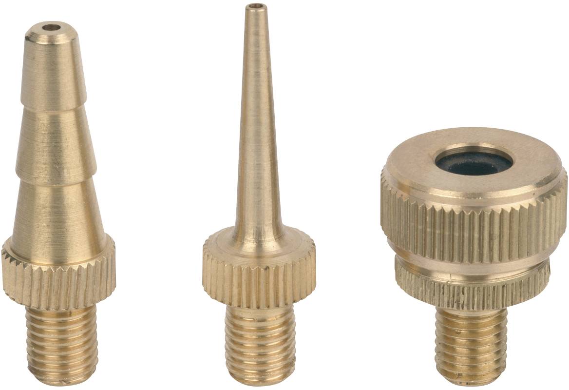 Three different brass nozzles side by side. The shapes vary: conical, pointed, and round. They are suitable for different applications.