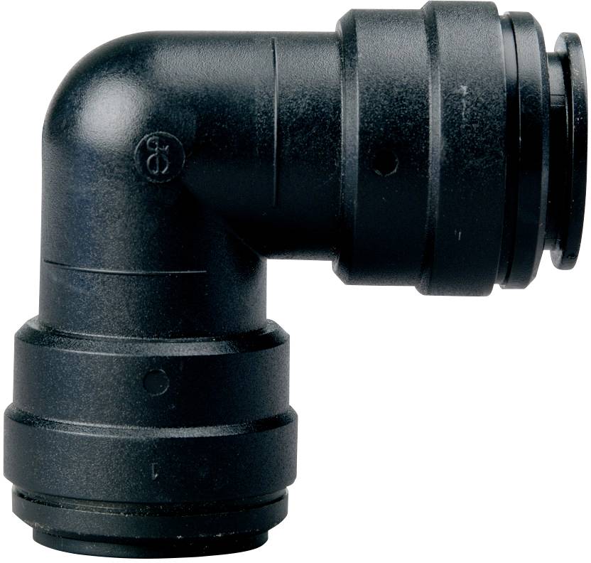 A black plastic angle connector with two connections, suitable for pipe connections.