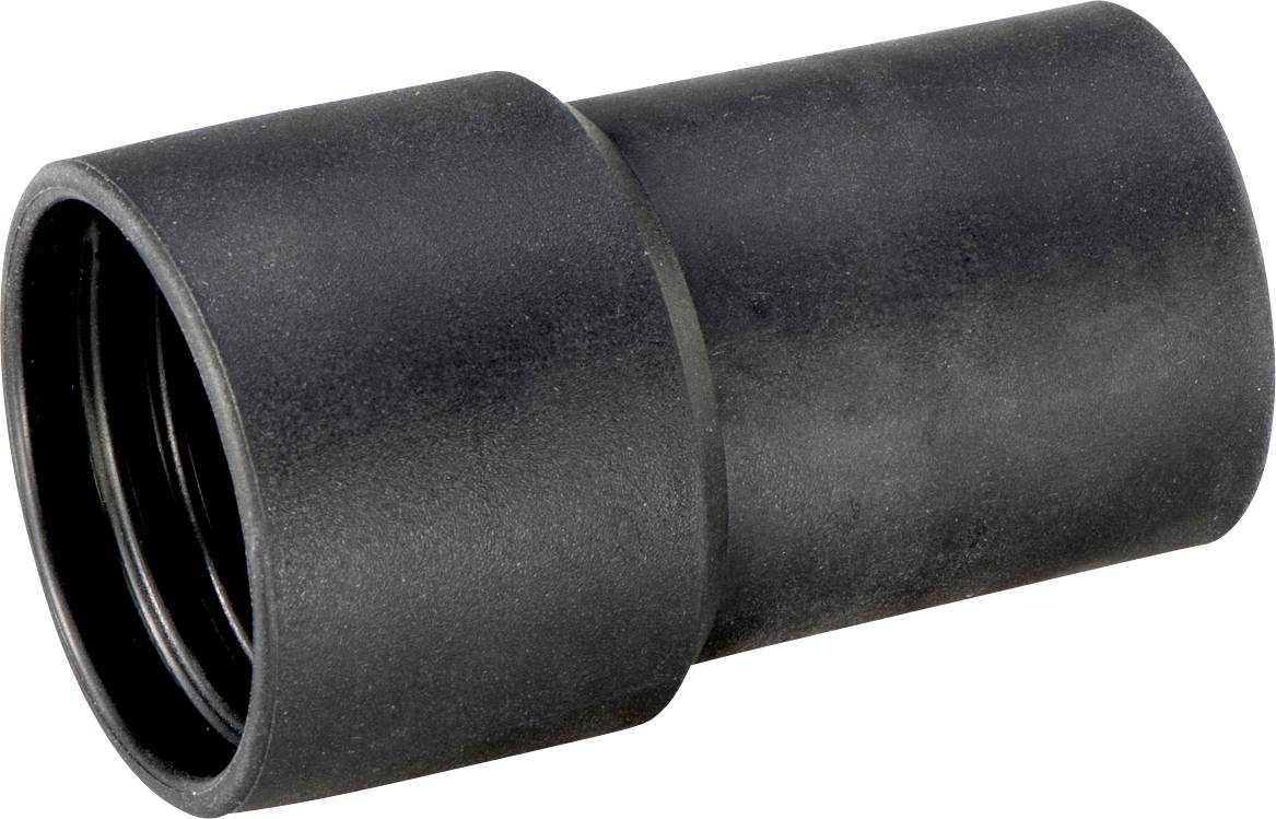 Black cylindrical plastic pipe or connector fitting shown on a white background.