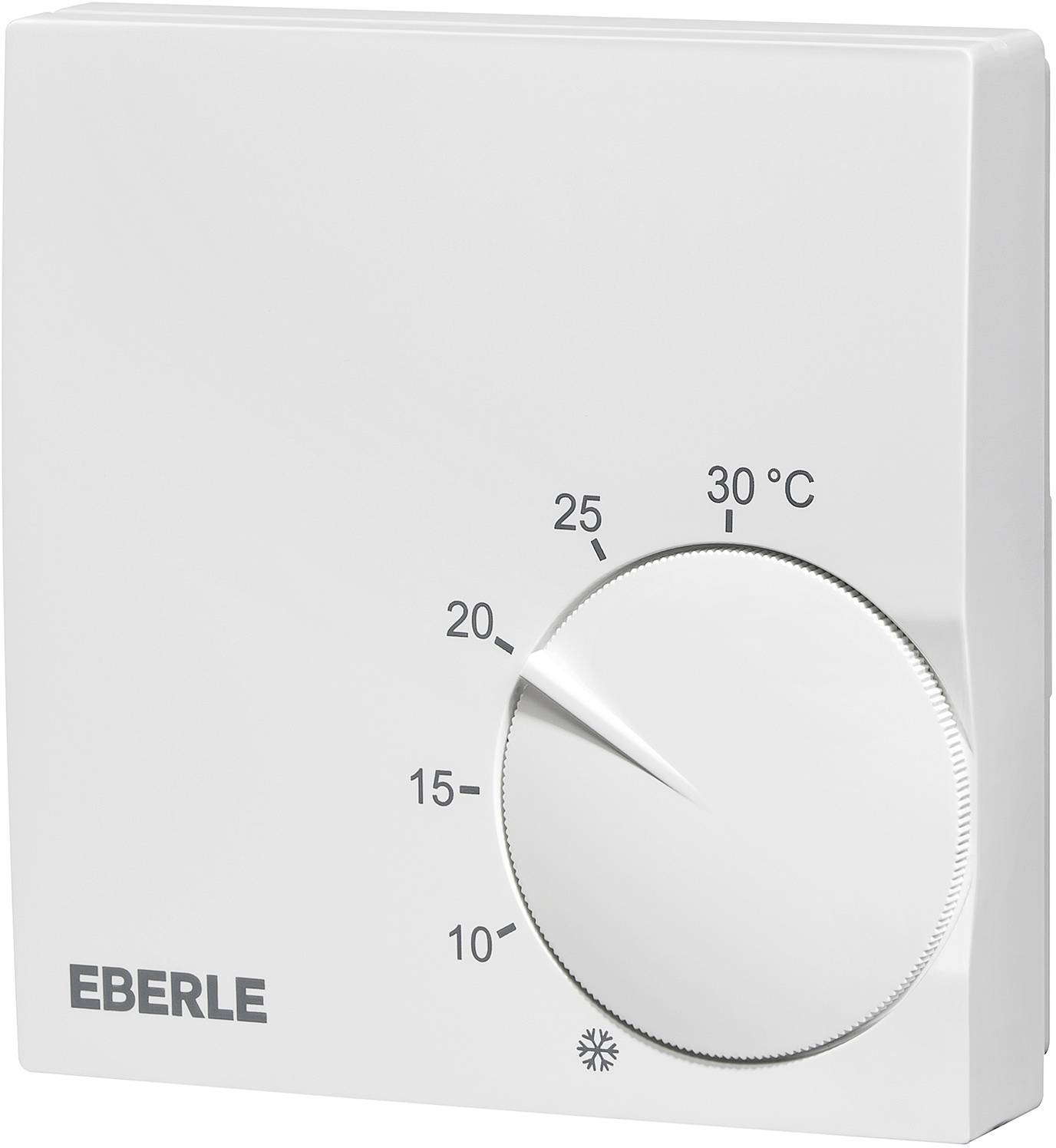 A white thermostat with a rotary dial displays temperatures from 10 to 30 degrees Celsius. The dial is set to 21 degrees.