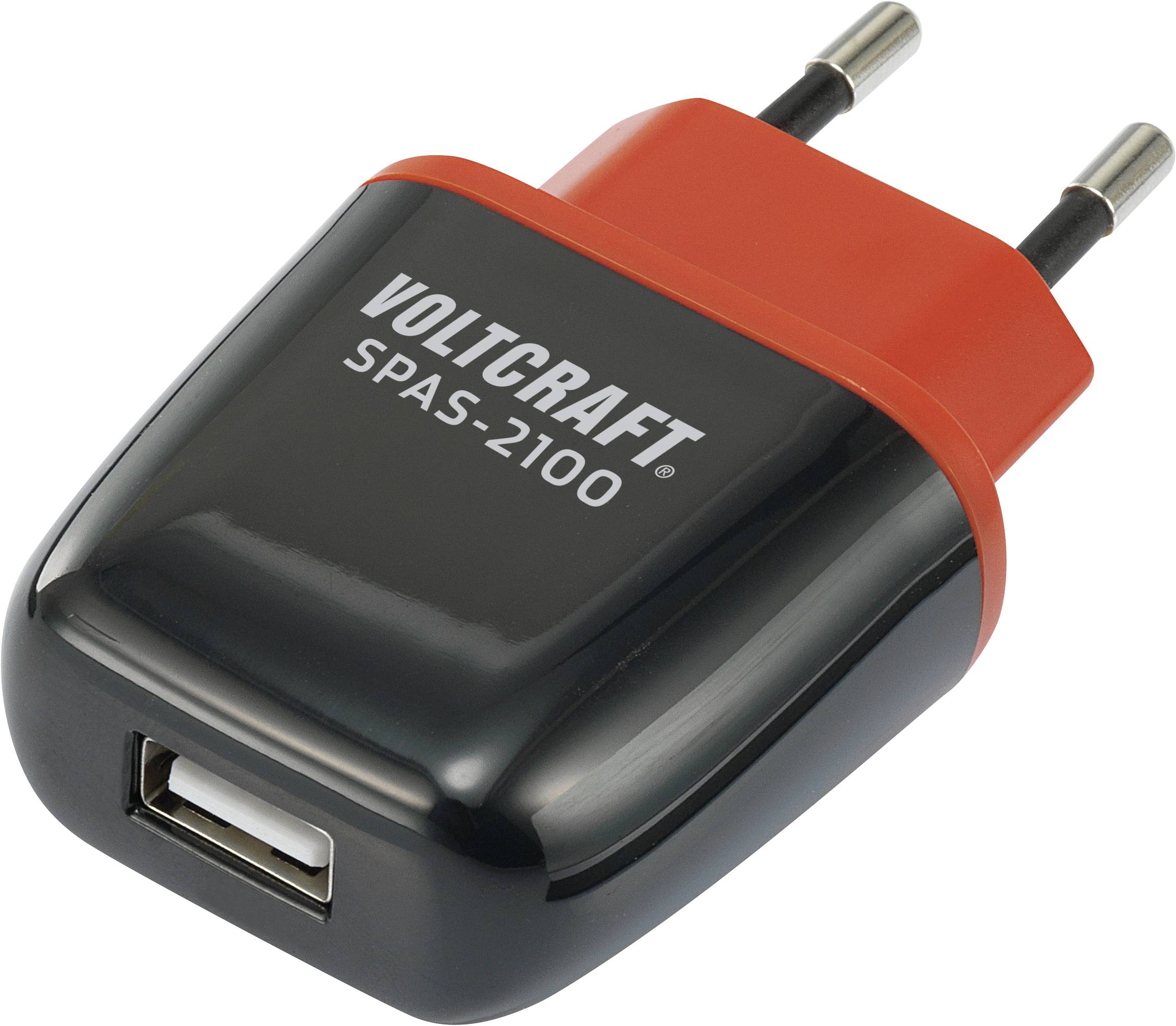 Black USB charger with red plug 'VOLTCRAFT SPAS-2100', suitable for European plug sockets.