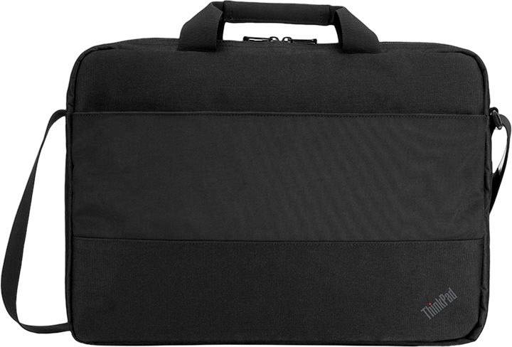 Black laptop bag with carry handle and shoulder strap. Minimalist design, suitable for business and travel.