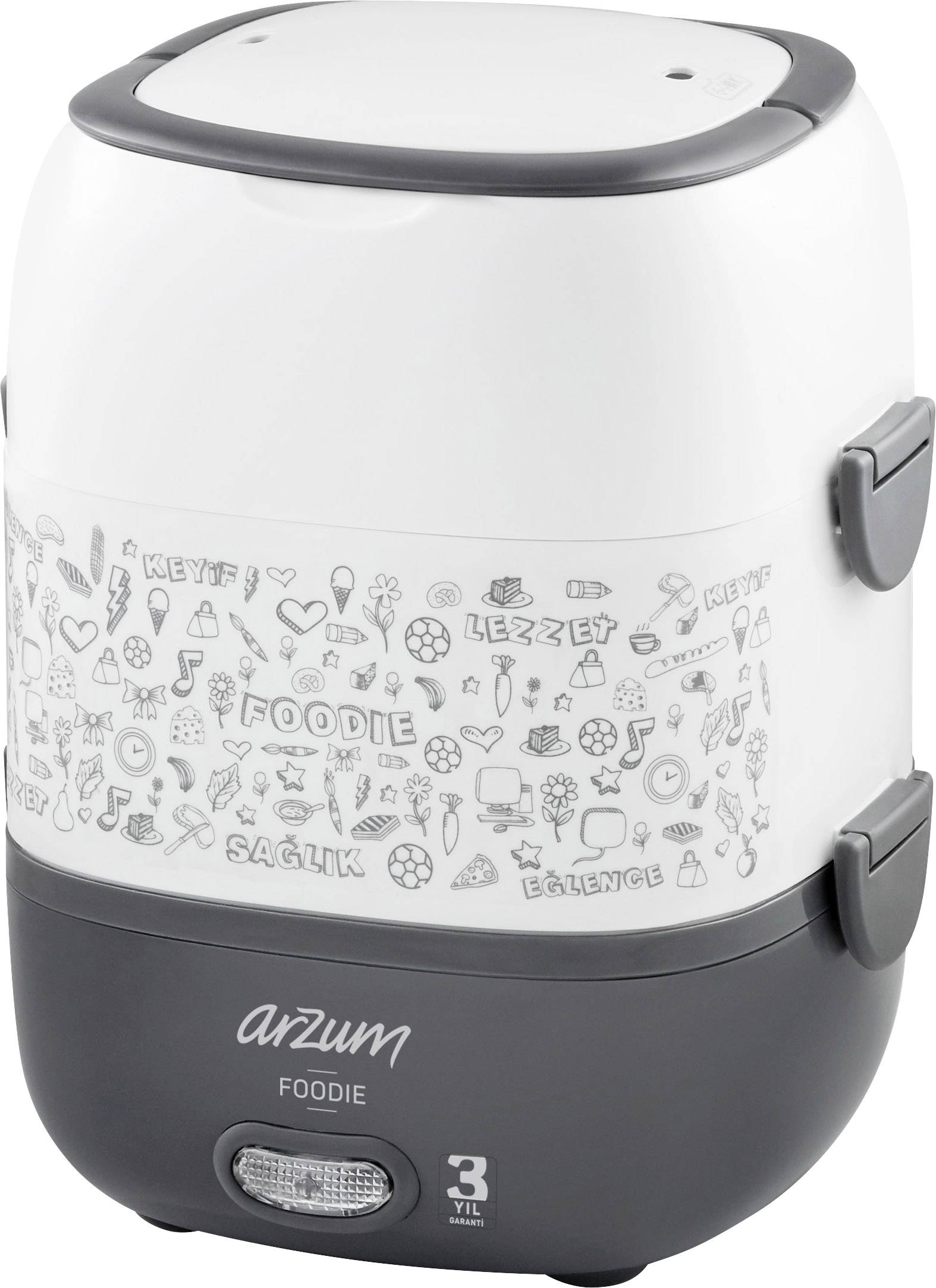 A compact, portable food container with grey accents; 'arzum foodie' is printed on the front, suitable for 3 L/V.