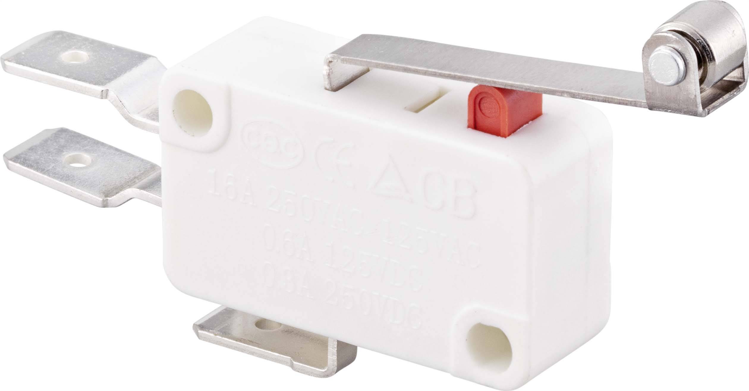 A white microswitich with a lever arm and three metal terminals; commonly used for control in electrical devices.