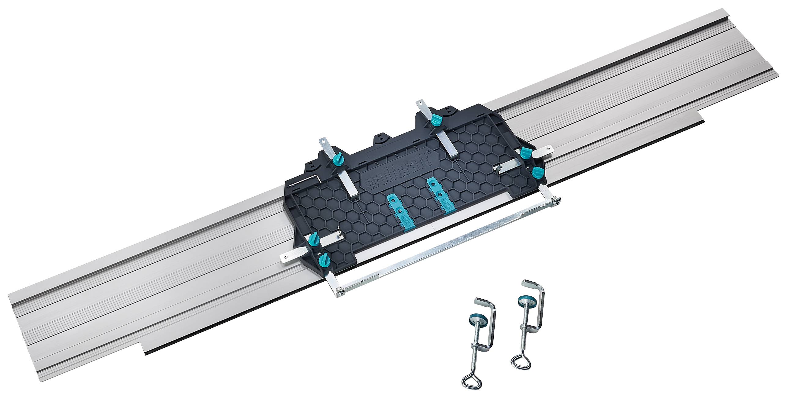 Rail system with black mounting bracket and blue elements, including two metal hooks. Used for precise cutting work.