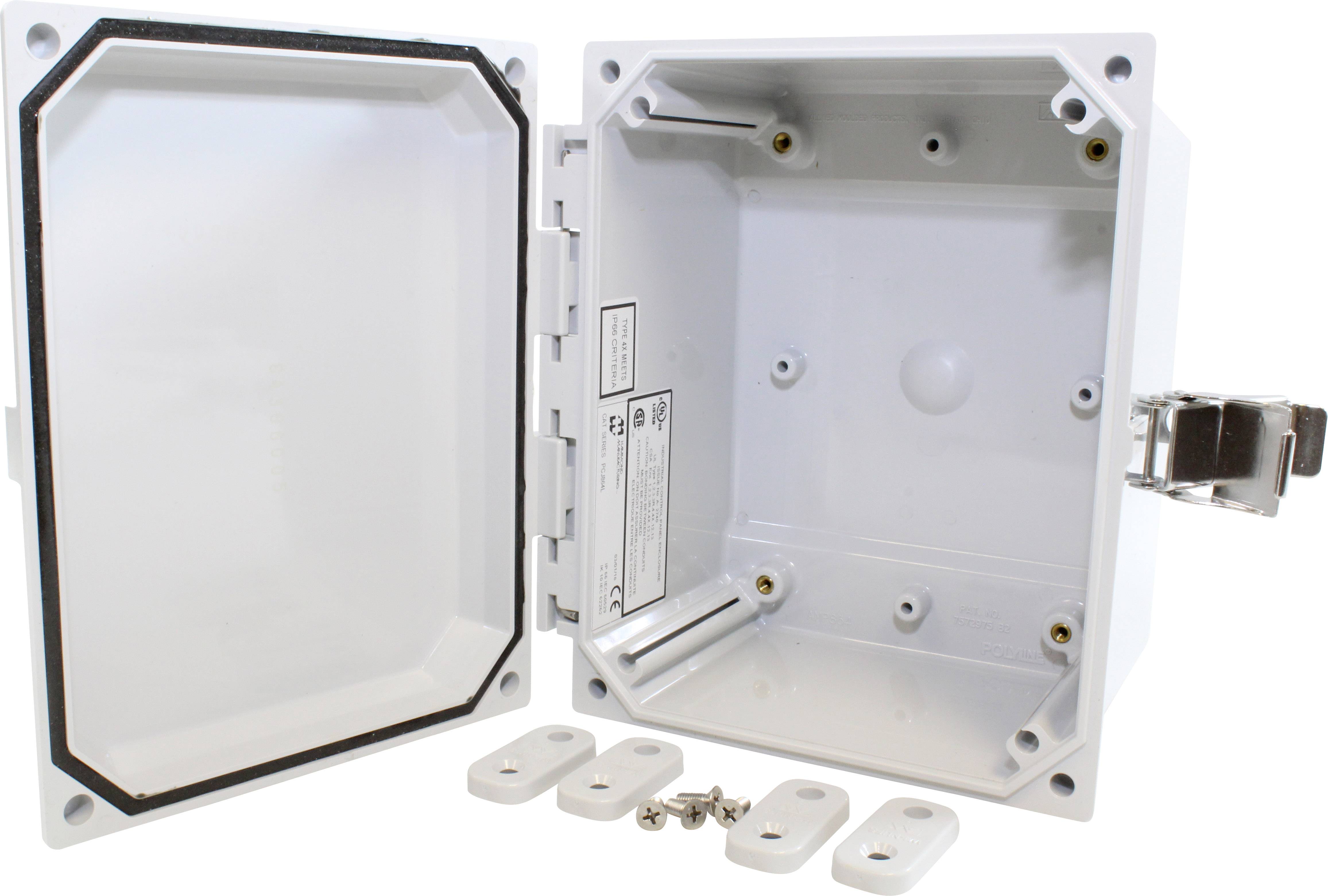An opened white plastic housing with a removable door, secured by a metal lock. Inside, mounting slots and attached screws are visible.