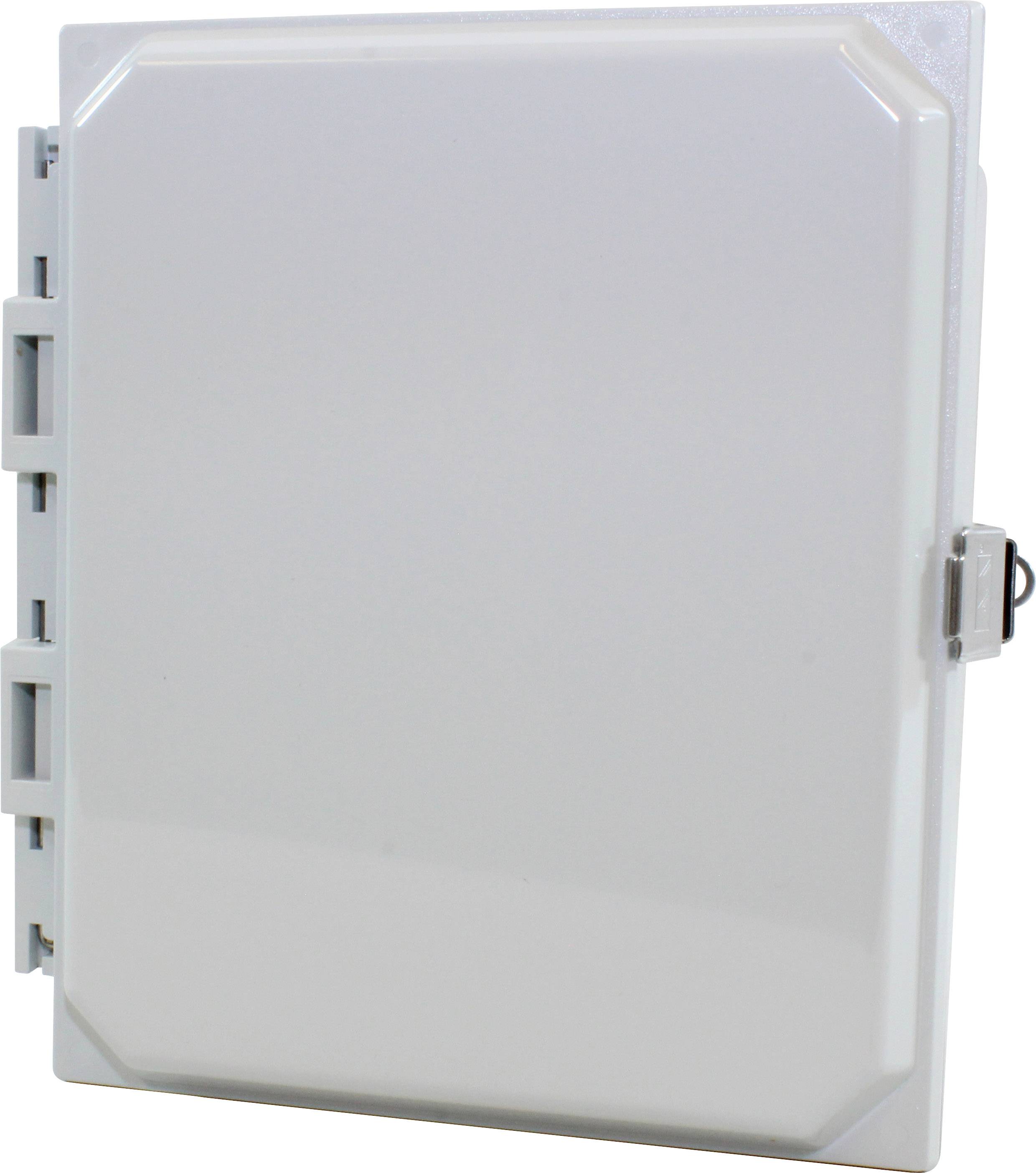 White wall-mounted enclosure with locking mechanism on the right side, suitable for protecting electrical connections or devices.