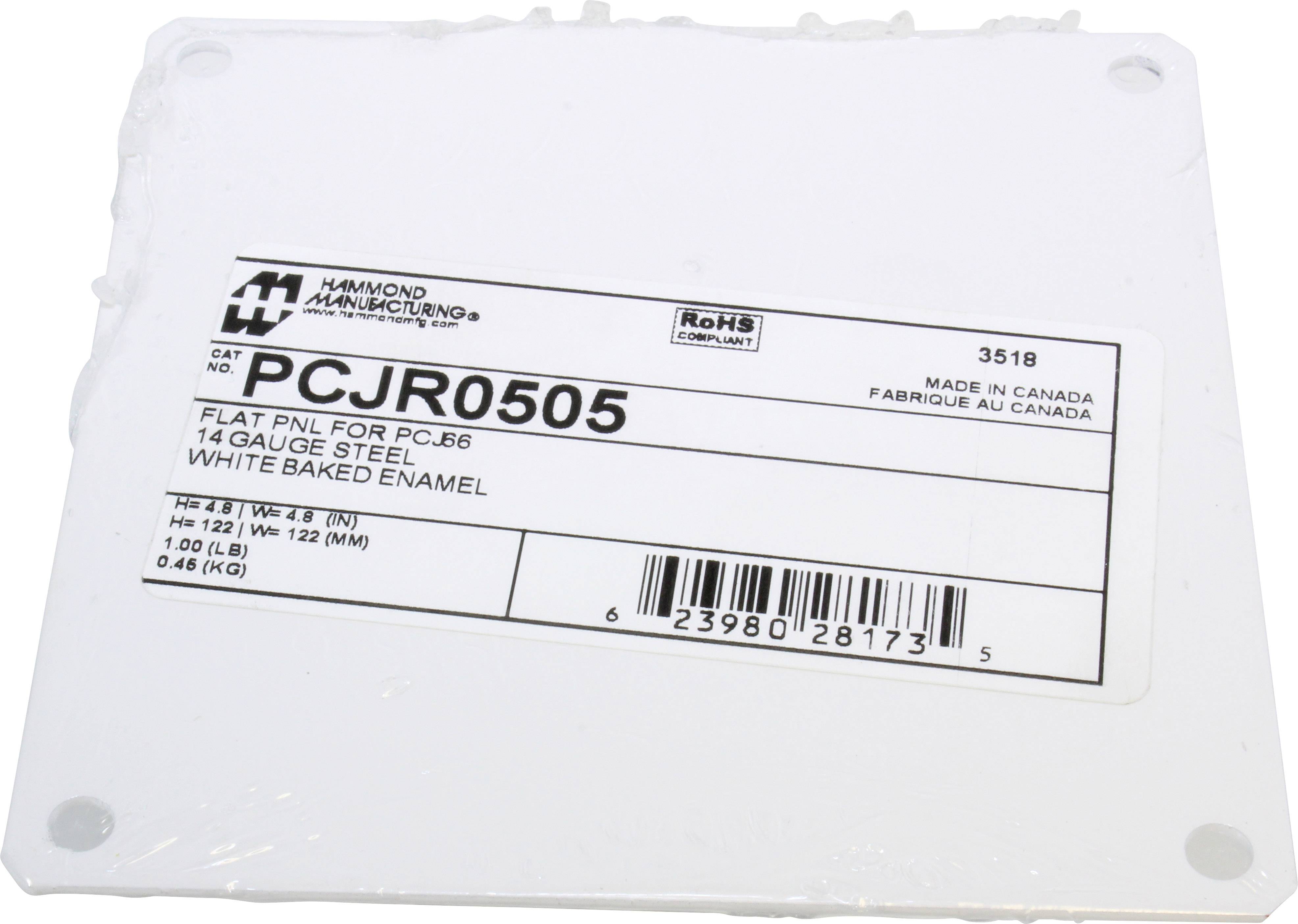 Label on white steel plate: 'Hammond Manufacturing', RoHS compliant, Model 'PCJR0505', 14 Gauge, manufactured in Canada.