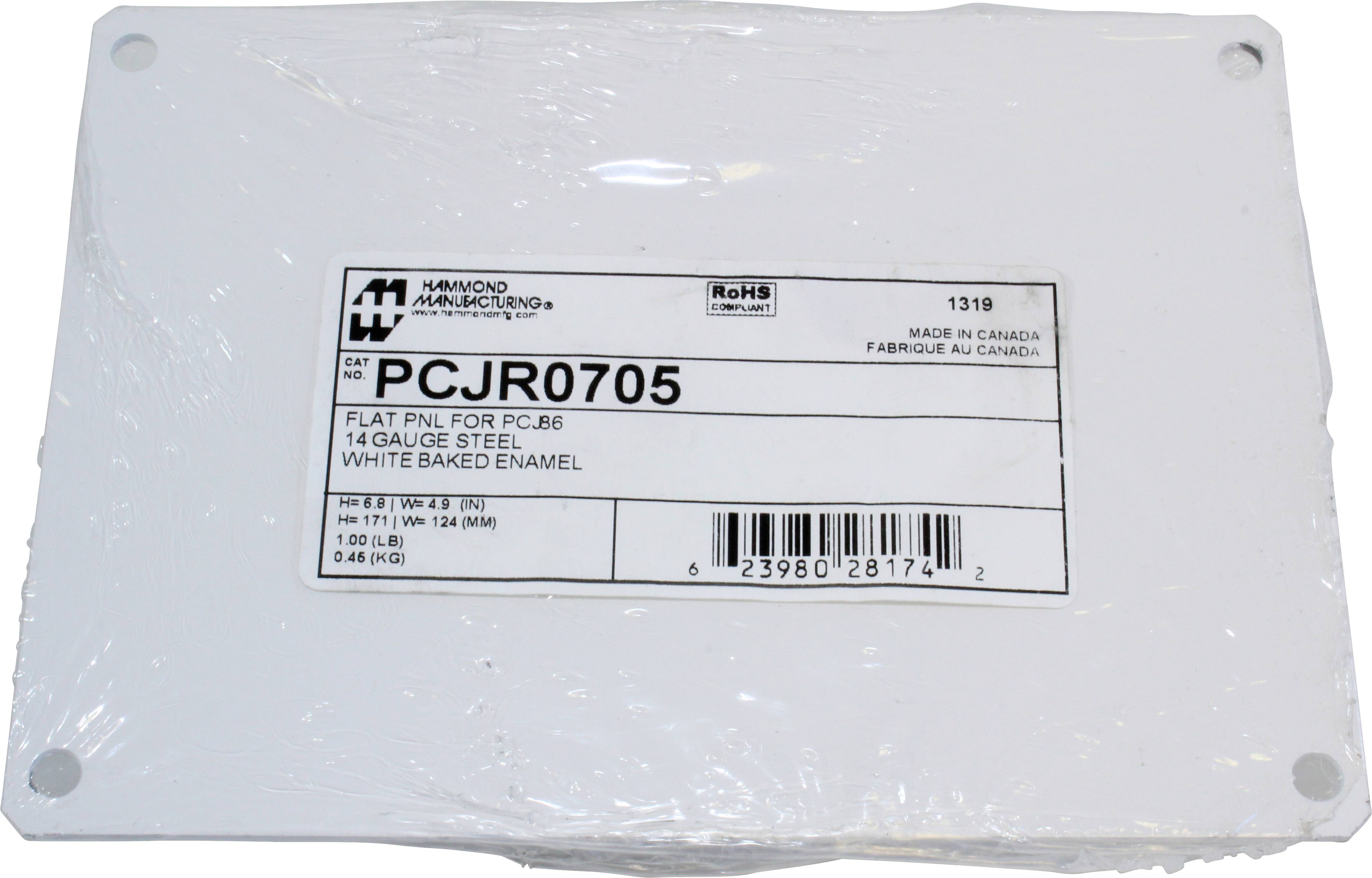 Metal control cabinet with label: Manufacturer information, Model PCJR0705, specifications and barcode visible.