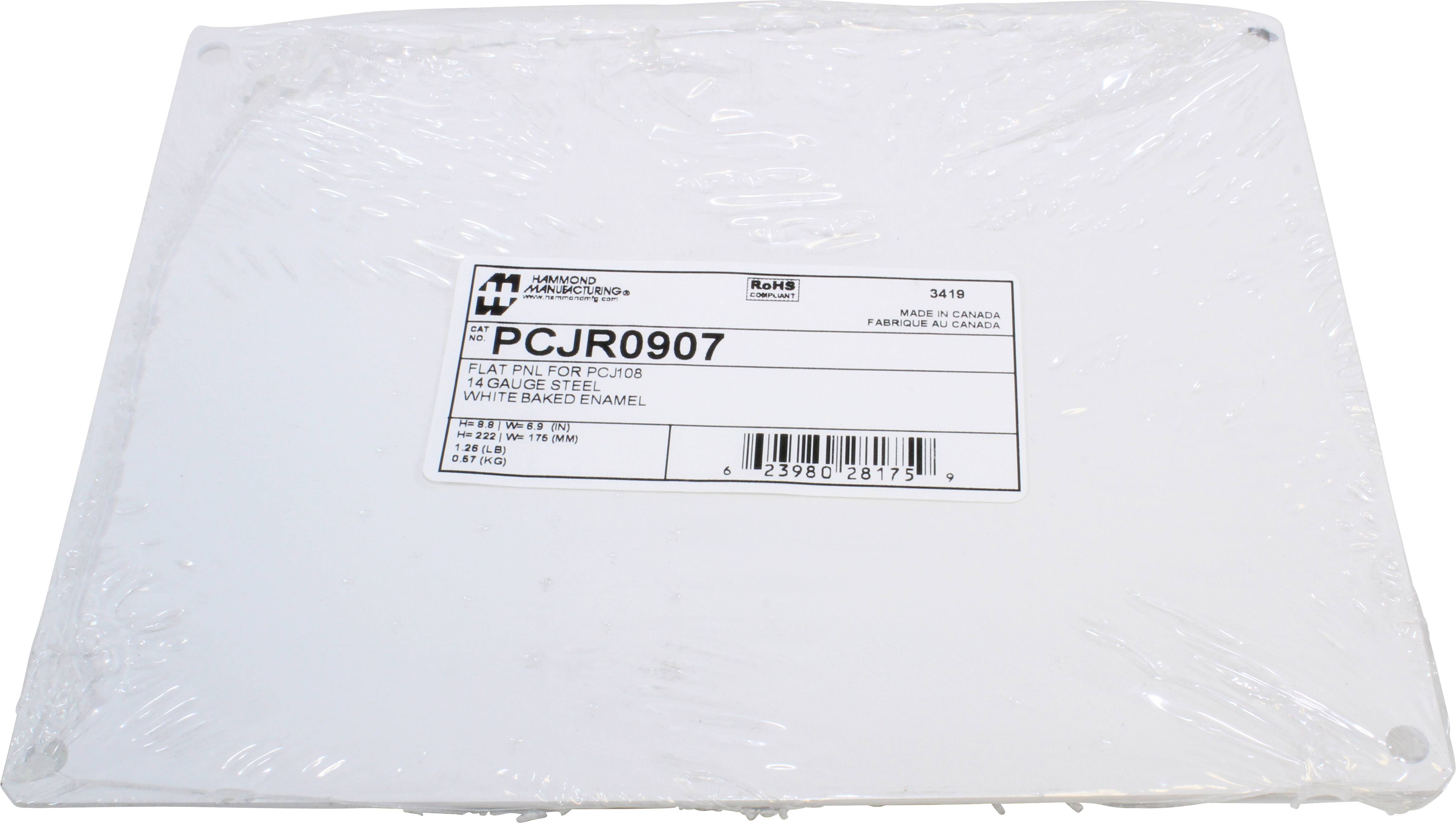 White, rectangular metal plate with the inscription 'PCJR0907' and specifications, heat-sealed in plastic film.