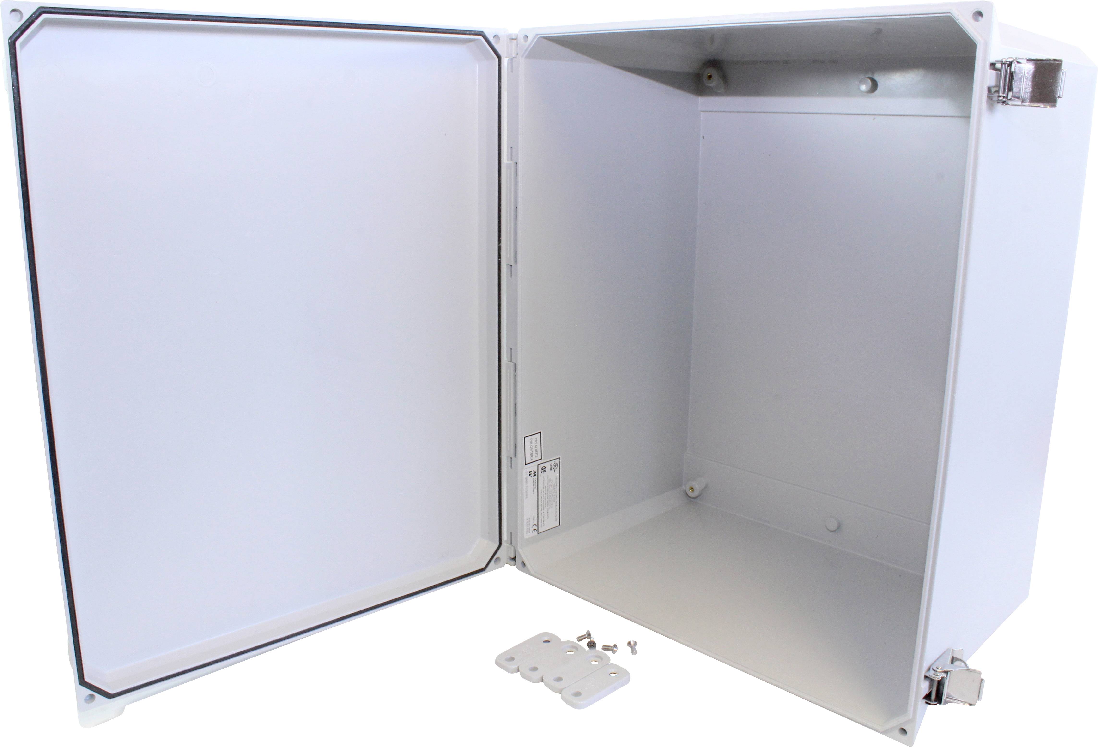 Grey, open metal box with an open door mechanism. Small accessory parts are lying on the bottom of the box.