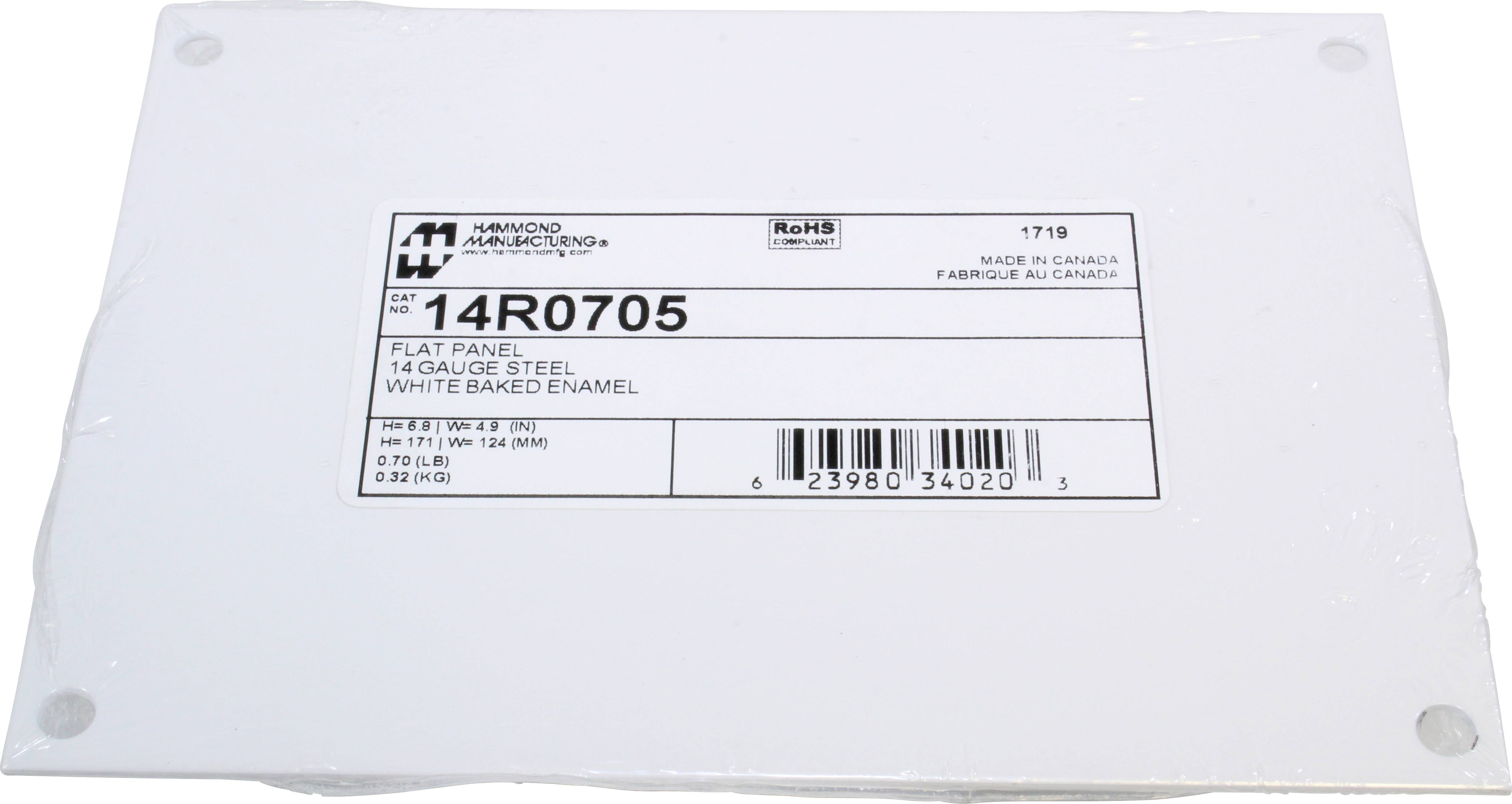 White metal plate with label. Marking: '14R0705', Material: 14-gauge steel, Colour: White enamelled. Manufacturer details at the top.