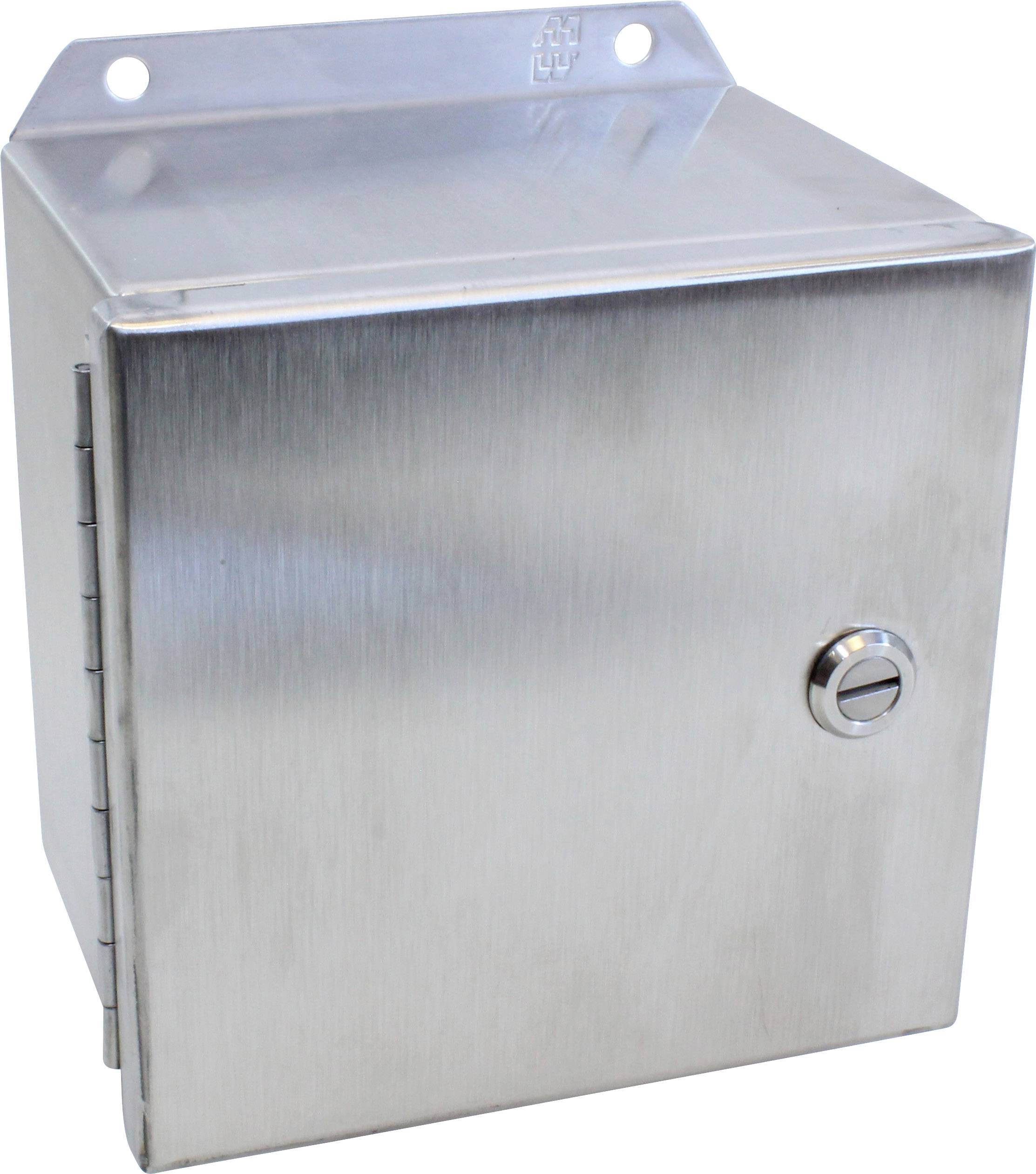 Metal cabinet with a glossy finish and lockable door, with two mounting holes at the upper rear side.